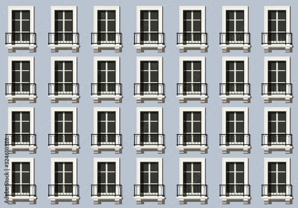 Concept urbain, avec une façade d’un immeuble ou d’un hôtel de standing, répétant les fenêtres identiques des appartements sur plusieurs étages.