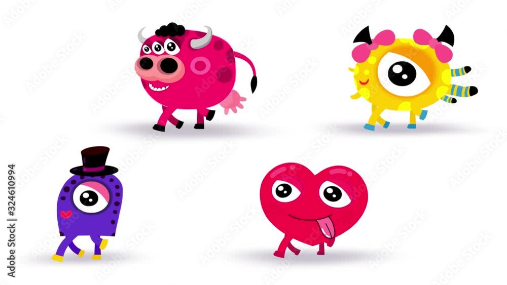 Cartoon four little monsters with walking loop. Funny children animation with alpha channel. Animated isolated characters good for any use. Cartoon four little monsters with walking loop. Funny children animation with alpha channel. Animated isolated characters good for any use.