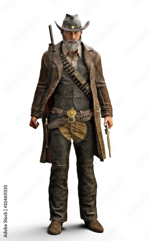 Portrait of a male grizzled bearded cowboy in a traditional western outfit  with gun belts and duster coat with weapon in hand. 3d rendering on an  isolated white background. Stock Illustration