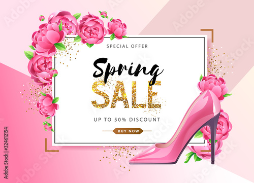 Spring sale poster with full blossom pion flowers. Spring flowers background