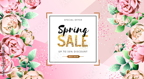 Spring sale poster with full blossom pion flowers. Spring flowers background