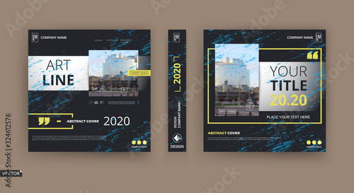 Abstract patch brochure cover design. Black info data banner frame. Techno title sheet model set. Modern vector front page art. Urban city blurb texture. Yellow citation figure icon. Ad flyer text