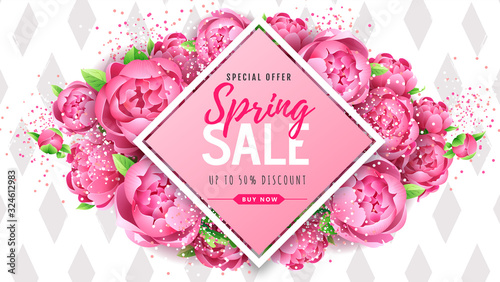 Spring sale poster with full blossom pion flowers. Spring flowers background