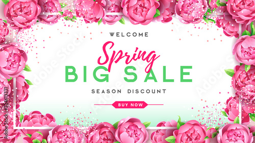 Spring sale poster with full blossom pion flowers. Spring flowers background