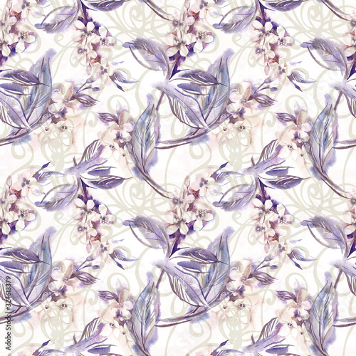 Watercolor Seamless Pattern of Blooming Twigs.