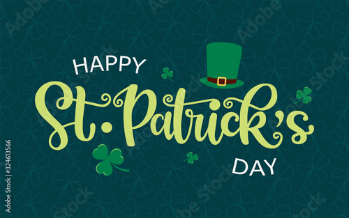 Vector design of St. Patrick’s Day logotype. Hand sketched lettering typography with leprechaun hat and clovers on textured background. Illustration for beer or ale festival poster, flyer, badge, icon