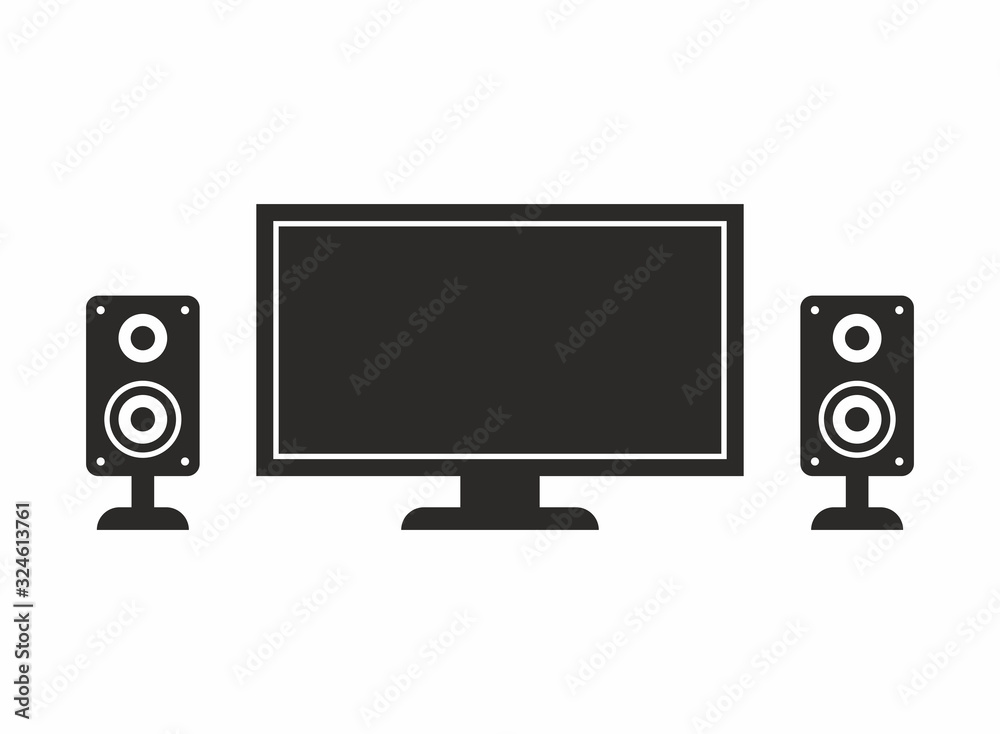 Flat screen Ultra HD TV and speakers icon. Vector icon isolated on white background. Flat screen Ultra HD TV and speakers icon. Vector icon isolated on white background.