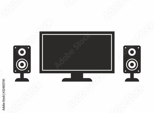 Flat screen Ultra HD TV and speakers icon. Vector icon isolated on white background.