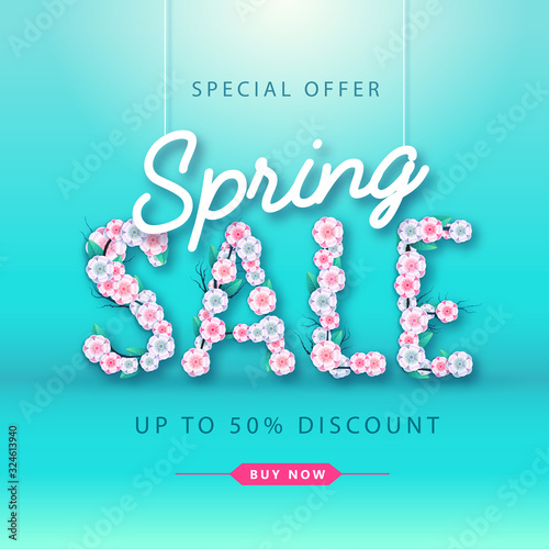 Spring sale typography poster with full blossom flowers. Spring background