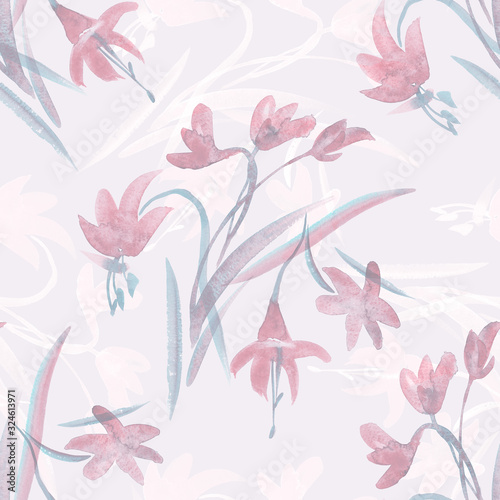 Fototapeta Naklejka Na Ścianę i Meble -  Watercolor Spring Seamless Pattern with Hand Painted Flowers