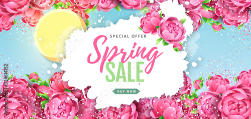 Spring sale typography poster with full blossom pion flowers. Spring background