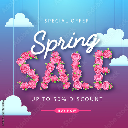 Spring sale typography poster with full blossom pion flowers. Spring background