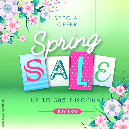 Spring sale typography poster with full blossom flowers. Spring background
