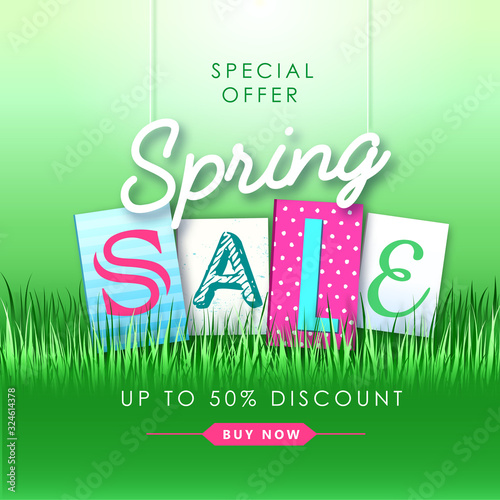 Spring sale typography poster with fresh green grass. Spring background