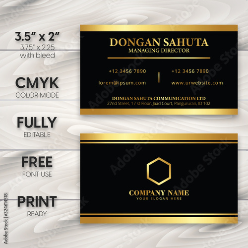 Luxury Gold and Black Business Card Template. Corporate Business Card Ready to Print. Double Side Card Name with CMYK Color Mode. Standard Business Card Template Size.