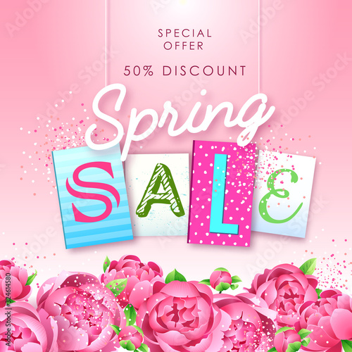 Spring sale typography poster with full blossom pion flowers. Spring background