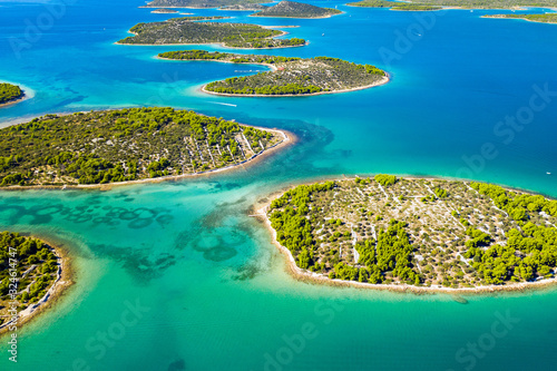 Croatia  Adriaric coastline  beautiful small islands in Murter archipelago  aerial view of turquoise sea from drone  touristic paradise