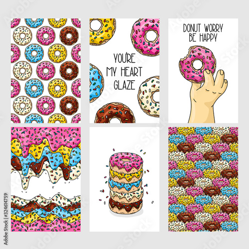 Set of food cards. Set of cartoon donuts with pink, chocolate, lemon, blue mint glaze. Seamless pattern with donuts. Color donut's background, card, poster. Texture for fabric, wrapping, wallpaper