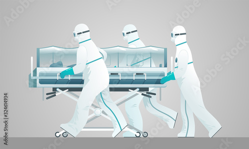 The group of medics with a transport stretcher trolley and a biological isolation chamber.