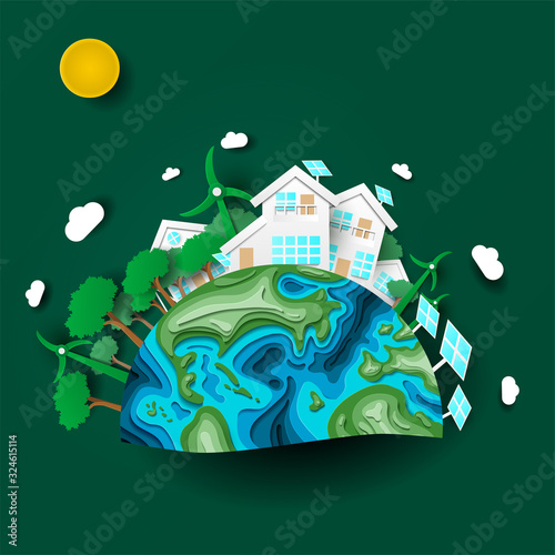 Green sustainable city with wind turbines and solar cells. Power saving, save the planet, earth day, renewable energy resources concepts. Vector illustration in paper cut origami style with 3D effect.