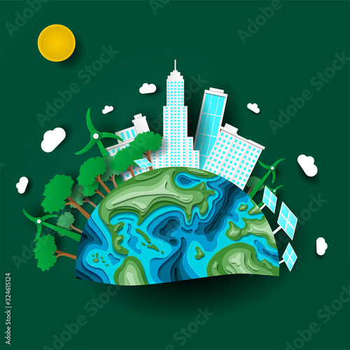 Green sustainable city with wind turbines and solar cells. Power saving, save the planet, earth day, renewable energy resources concepts. Vector illustration in paper cut origami style with 3D effect.