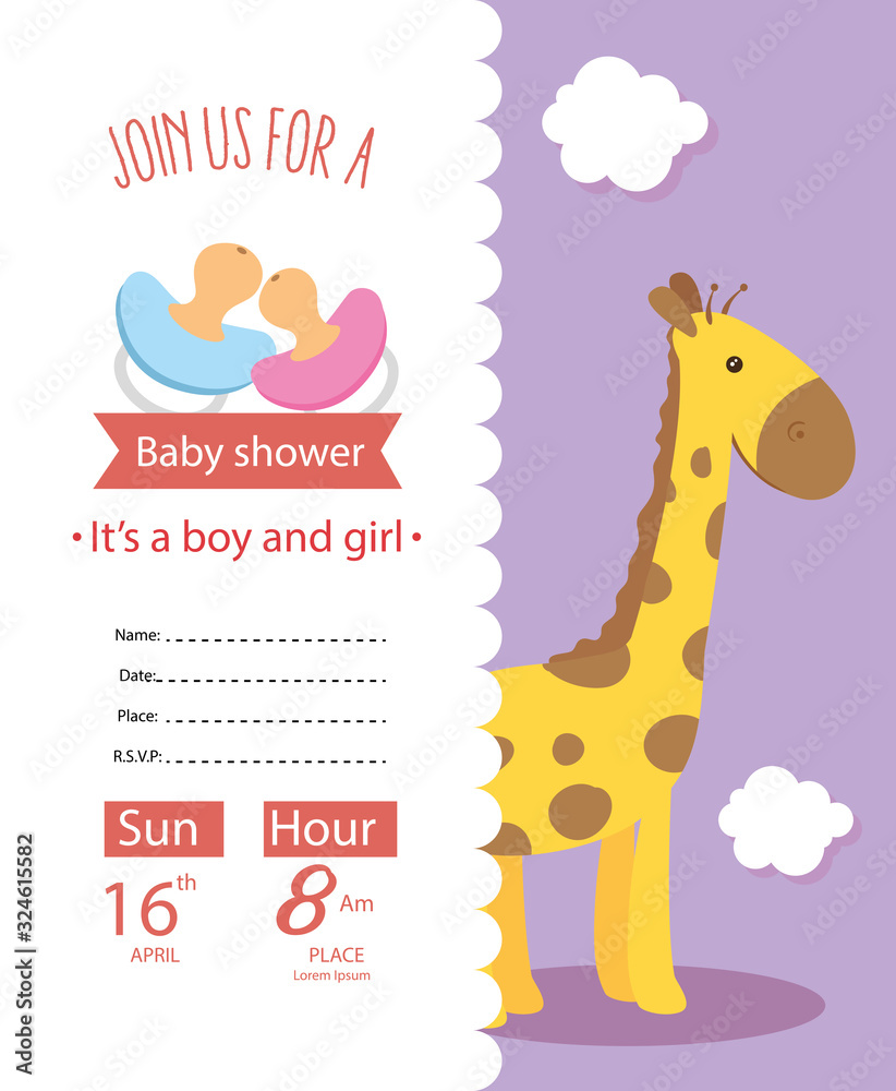 baby shower card with giraffe and icons vector illustration design baby shower card with giraffe and icons vector illustration design