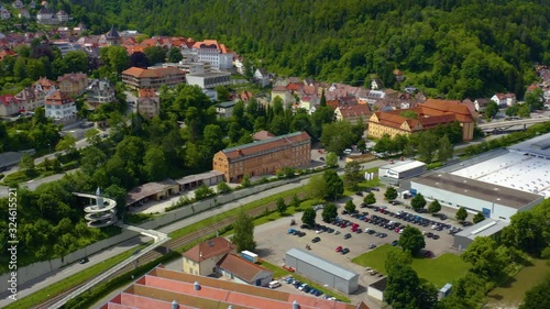 Aerial view of the city Oberndorf in Germany. Left pan across the city center. photo