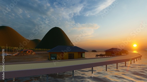 Bungalow resort on island  French Polynesia 3d rendering