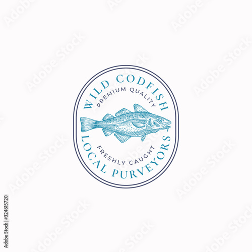 Fish Vintage Frame Badge or Logo Template. Hand Drawn Wild Ocean Cod Fish Sketch Emblem with Retro Typography.