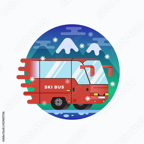 Ski or Snowboard Resort Shuttle Bus. Vector Flat Style Illustration with Mountains Background. Alpine Outdoor Action Sports Icon or Banner.