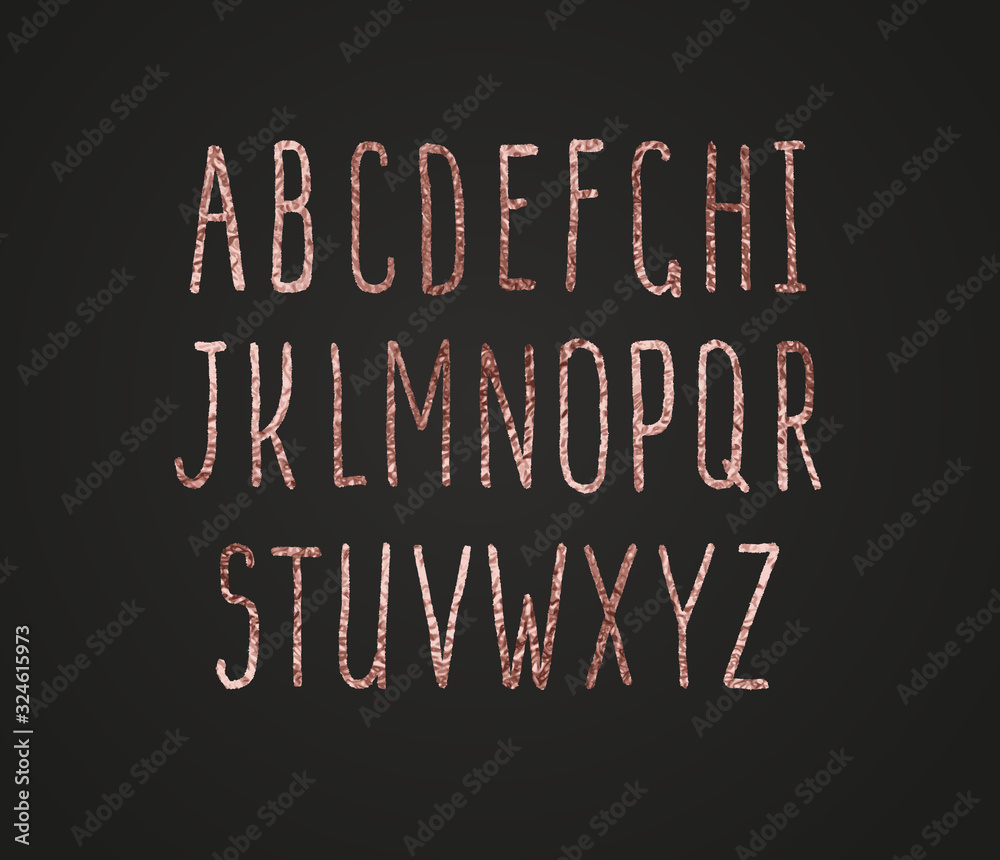 Obraz premium Gold rose foil texture metallic Alphabet letters isolated on black background. Golden glossy set of uppercase Font. Vector typography metal luxury text..
