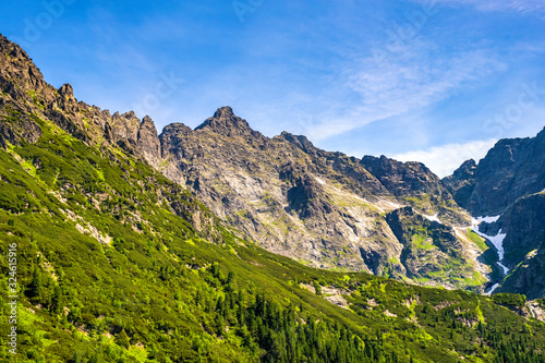 Panoramic view of the Seven Granats ridge - Siedem Granatow - and Zabia Czuba peak within the Zabia Gran range over Rybi Potok Valley in Tatra Mountains, near Zakopane in Poland