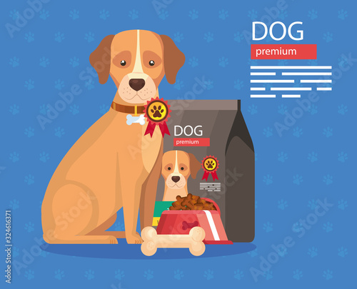 dog with food premium and bone vector illustration design