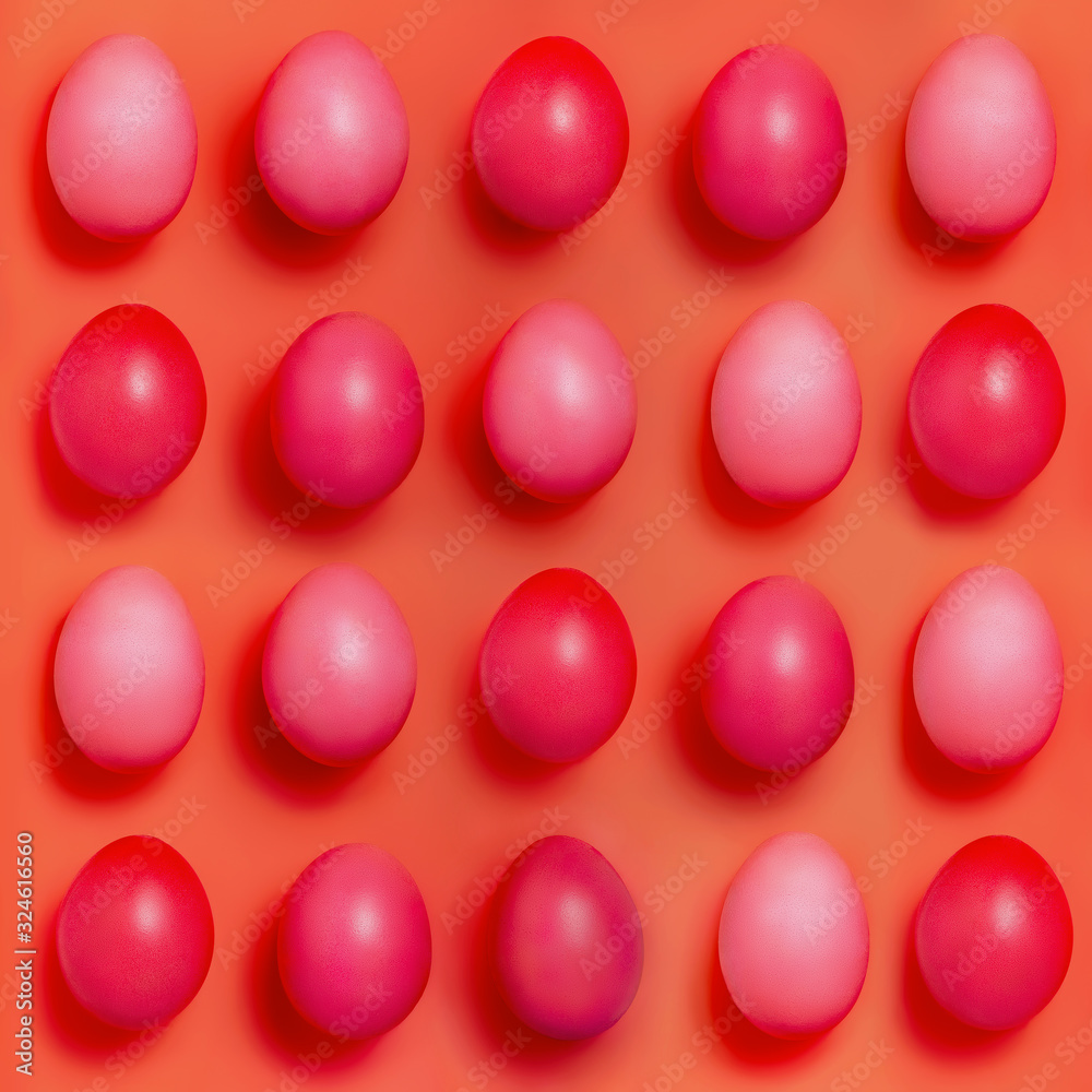 Many big red easter egg pattern on red board - easter holiday background.