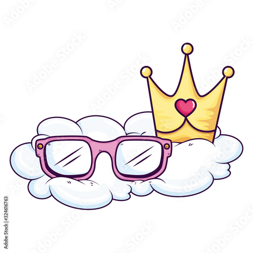cute eyeglasses and crown in cloud vector illustration design