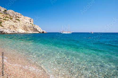 Obraz na płótnie crystal clear water of mediterranean sea on Afandou beach on Rhodes island in Greece w salonie