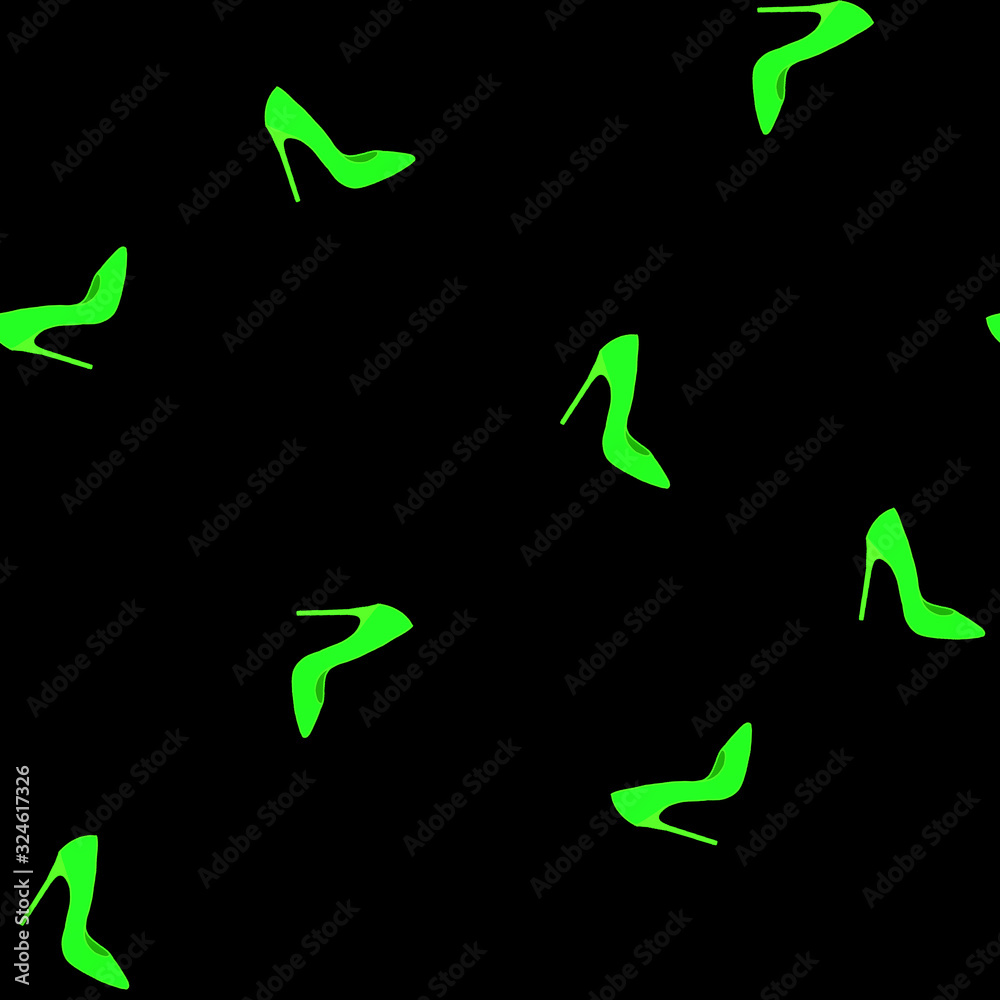 Obraz premium seamless shoe pattern. Glamour design element. High heeled light green shoes on black background for wrapping paper and sales packages. Fashion trendy illustration.