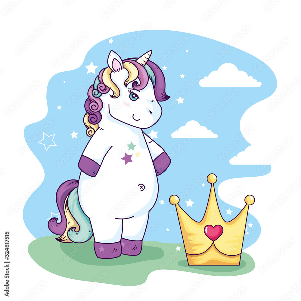 Naklejka premium cute unicorn fantasy and crown with heart vector illustration design