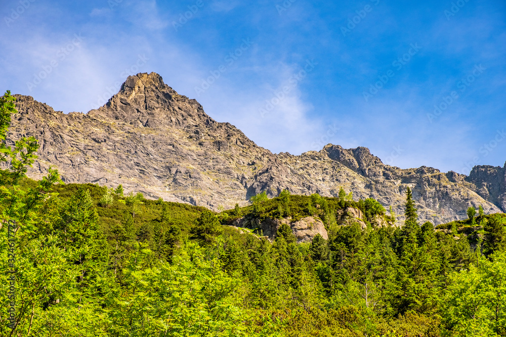 Lower Rysy - Niznie Rysy - and Rysy peaks rising above Czarny Staw pod Rysami, Black Pond below Rysy, in Tatra Mountains in Poland Lower Rysy - Niznie Rysy - and Rysy peaks rising above Czarny Staw pod Rysami, Black Pond below Rysy, in Tatra Mountains in Poland