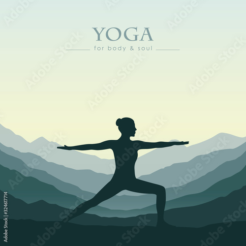 girl makes yoga on green mountain landscape vector illustration EPS10
