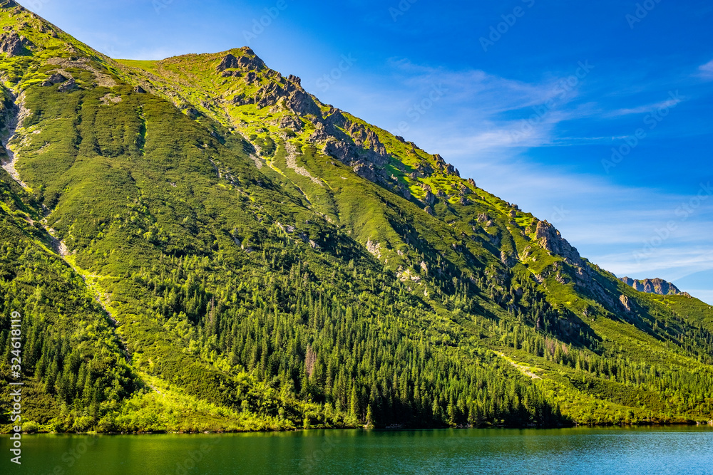 Morskie Oko mountain lake, surrounding forest, Miedziane and Opalony Wierch peaks in background in Tatra Mountains in Poland
