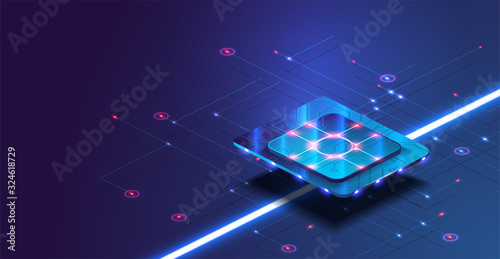 Futuristic microchip processor with lights on the blue background. Quantum computer, large data processing, database concept. CPU isometric banner. Central Computer Processors CPU concept.Digital chip