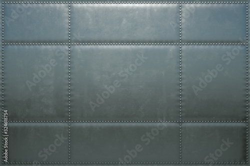  3d image of the metal skin of an airplane with rivets. Steel background from the plates.