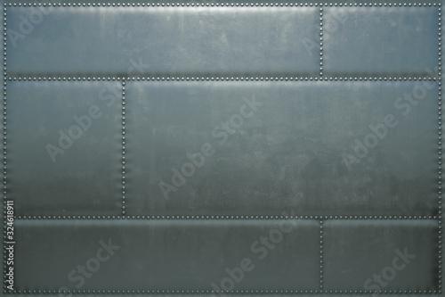  3d image of the metal skin of an airplane with rivets. Steel background from the plates.