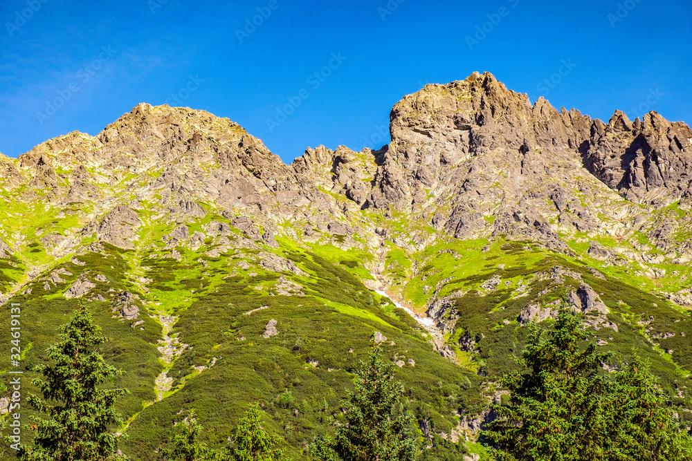 Panoramic view of the Seven Granats ridge - Siedem Granatow - within the Zabia Gran range over Rybi Potok Valley in Tatra Mountains, near Zakopane in Poland