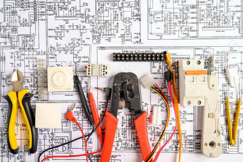 Different electrical tools on electrical engineering drawings . Top view.