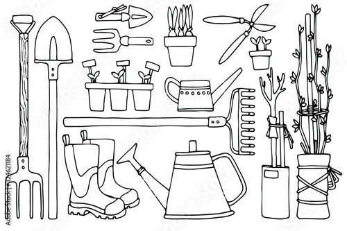 A set of tools and equipment for gardening in a cute hand-drawn style. Garden items. Spring time vector drawing. Coloring page.