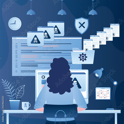 Female back view sits in front of the monitor screen. Hacker at work. Spam mailing and virus attack.
