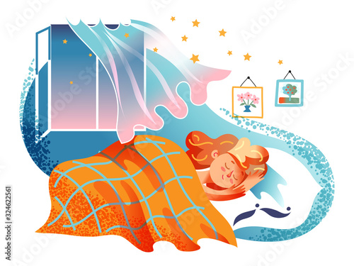 Little girl sleeping in bedroom with open window