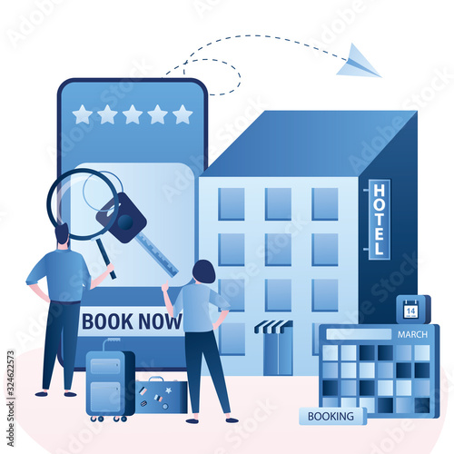 Hotel or apartments online booking. Couple of tourists with baggage, search and book hotel room.